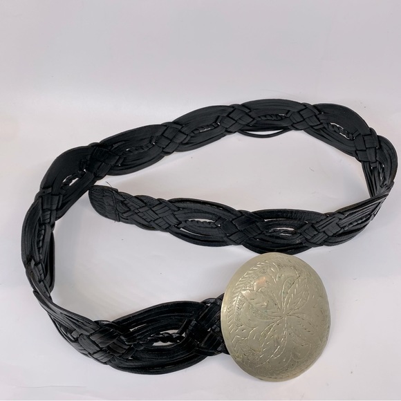 Hand Crafted Accessories - LADIES BELT ONE SIZE MOROCCO CONCHO SILVER BLACK LEATHER BRAIDED WOVEN WESTERN